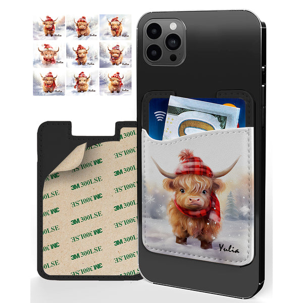 Custom Highland Cow Name Leather Phone Card Holder - Elegance Meets Convenience